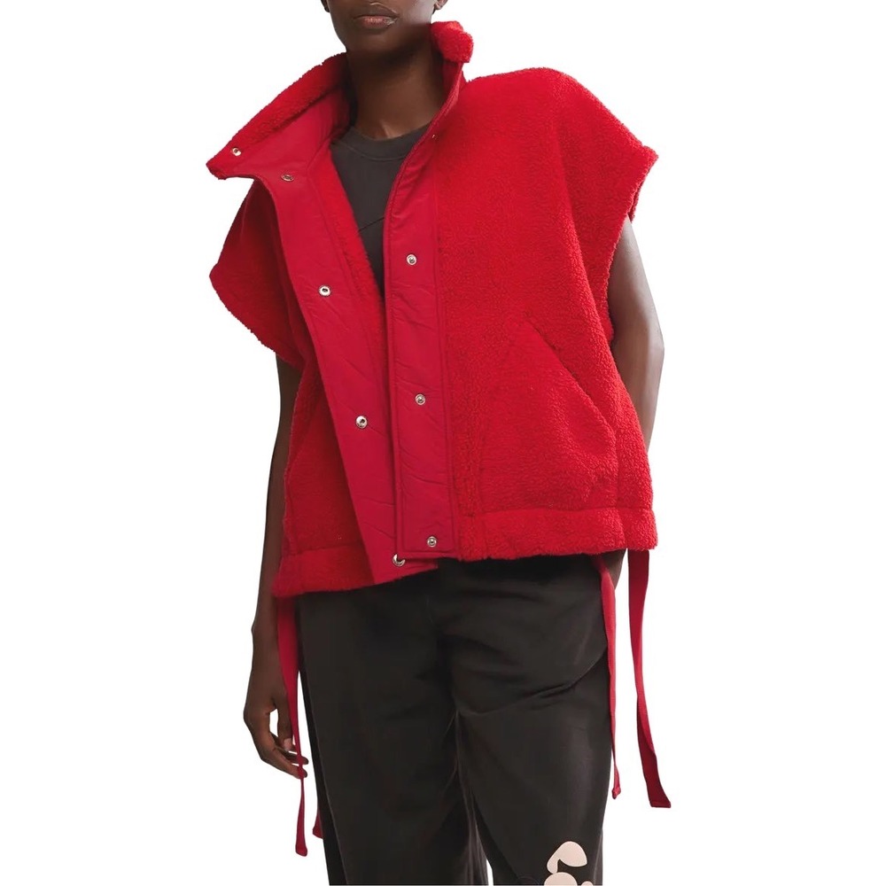 Free People FP Movement Scout It Out Fleece Red Vest Oversized Snap Front Large